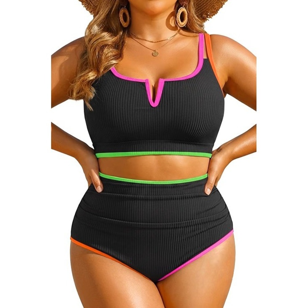 Yonique Women Black Ribbed Neon V-Wire High Waisted Bikini Set 30W NWT